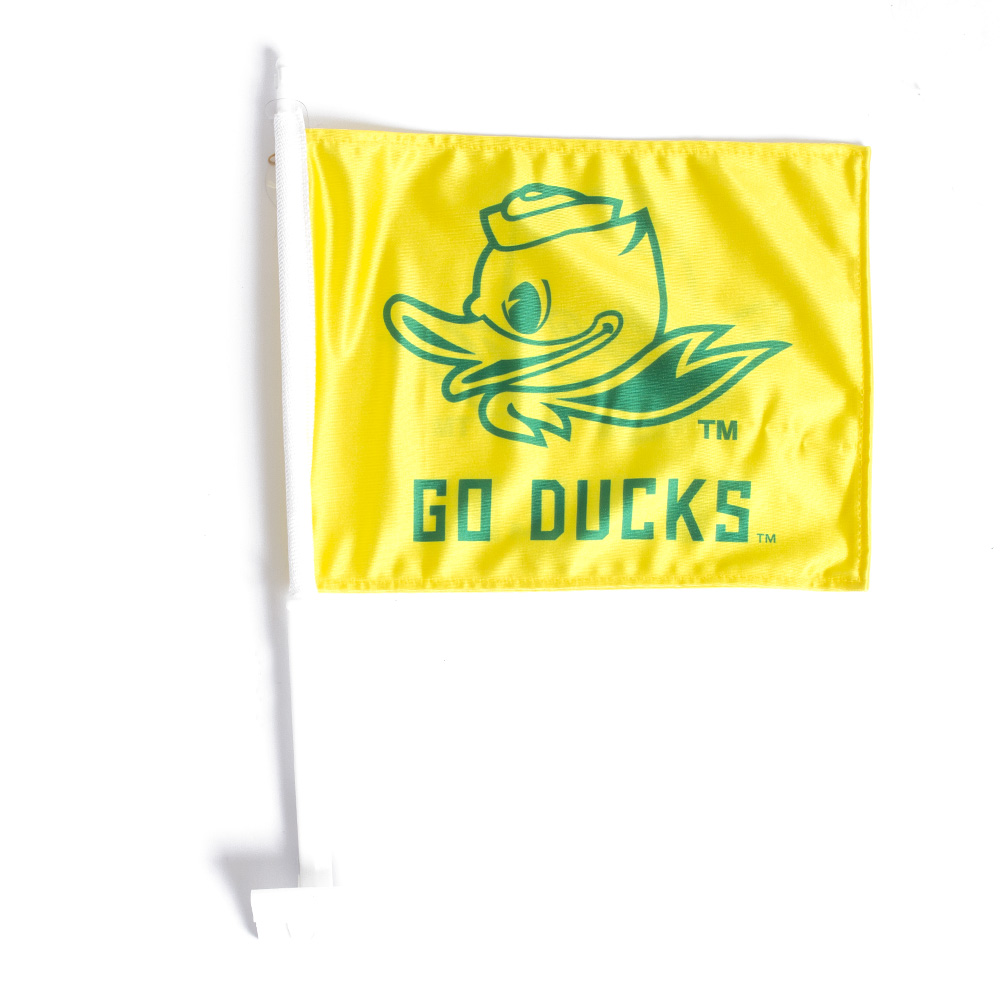 Fighting Duck, Logo Brand, Yellow, Flags & Banners, Home & Auto, 11"x15", with Pole, Go Ducks, Car Flag, 763077